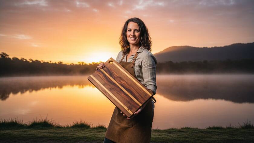 A dynamic, high-energy Lysterfield advertising photography vibrant brand stories shot showing a local artisan proudly showcasing their handcrafted product against the stunning natural backdrop of Lysterfield Lake at sunrise, with dramatic golden light accentuating the product and the artisan's genuine passion.