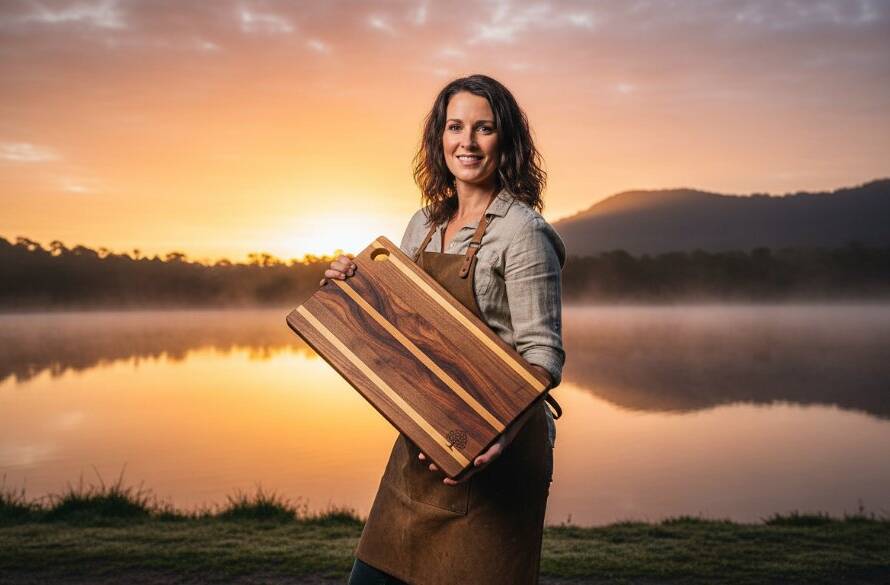 A dynamic, high-energy Lysterfield advertising photography vibrant brand stories shot showing a local artisan proudly showcasing their handcrafted product against the stunning natural backdrop of Lysterfield Lake at sunrise, with dramatic golden light accentuating the product and the artisan's genuine passion.