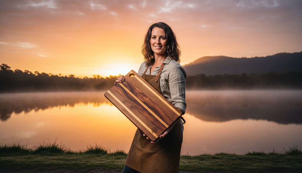 A dynamic, high-energy Lysterfield advertising photography vibrant brand stories shot showing a local artisan proudly showcasing their handcrafted product against the stunning natural backdrop of Lysterfield Lake at sunrise, with dramatic golden light accentuating the product and the artisan's genuine passion.