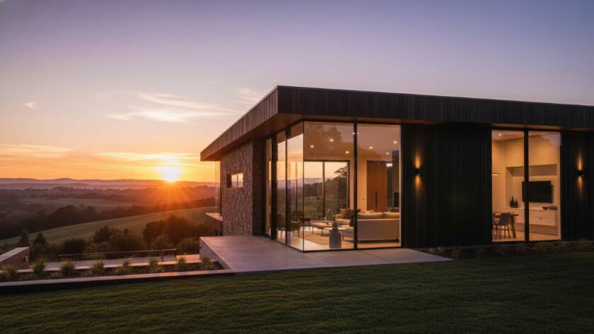 Epic Lysterfield architectural photography showcasing a modern home at sunset, with dramatic shadows on its sleek facade, professionally colour-graded.