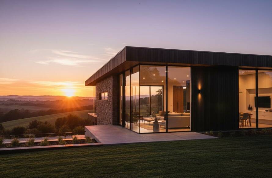 Epic Lysterfield architectural photography showcasing a modern home at sunset, with dramatic shadows on its sleek facade, professionally colour-graded.