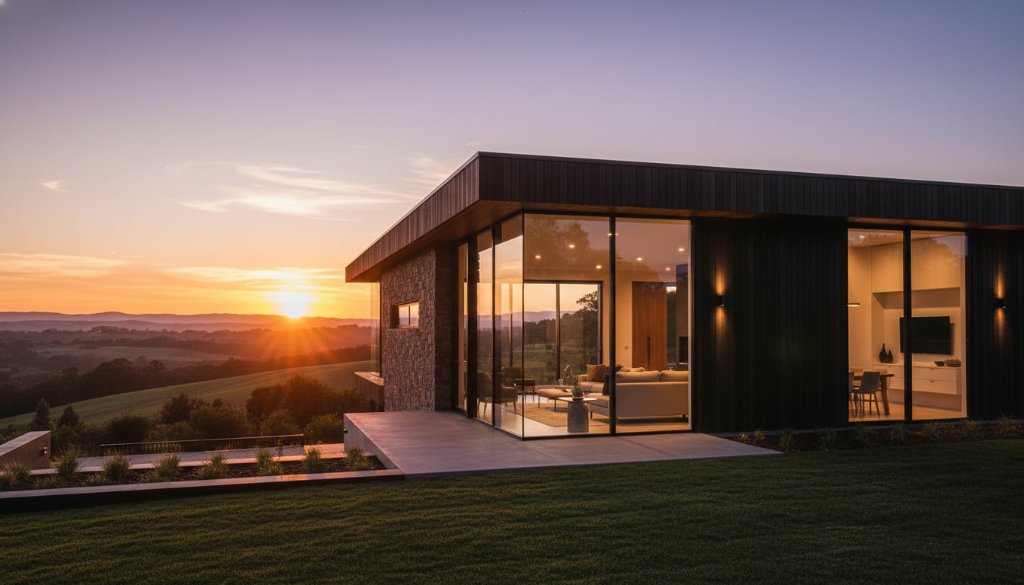 Epic Lysterfield architectural photography showcasing a modern home at sunset, with dramatic shadows on its sleek facade, professionally colour-graded.
