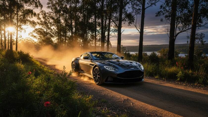An epic moment captured: A sleek, dark luxury sports car parked dramatically on a winding dirt road within the Lysterfield bushland, bathed in golden hour light, showcasing professional Lysterfield bushland luxury car photography.