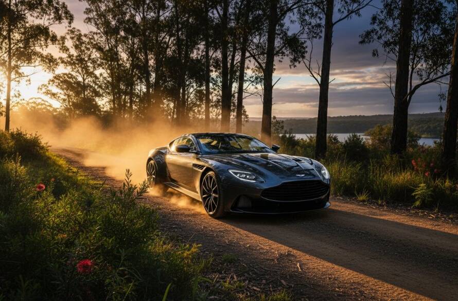 An epic moment captured: A sleek, dark luxury sports car parked dramatically on a winding dirt road within the Lysterfield bushland, bathed in golden hour light, showcasing professional Lysterfield bushland luxury car photography.