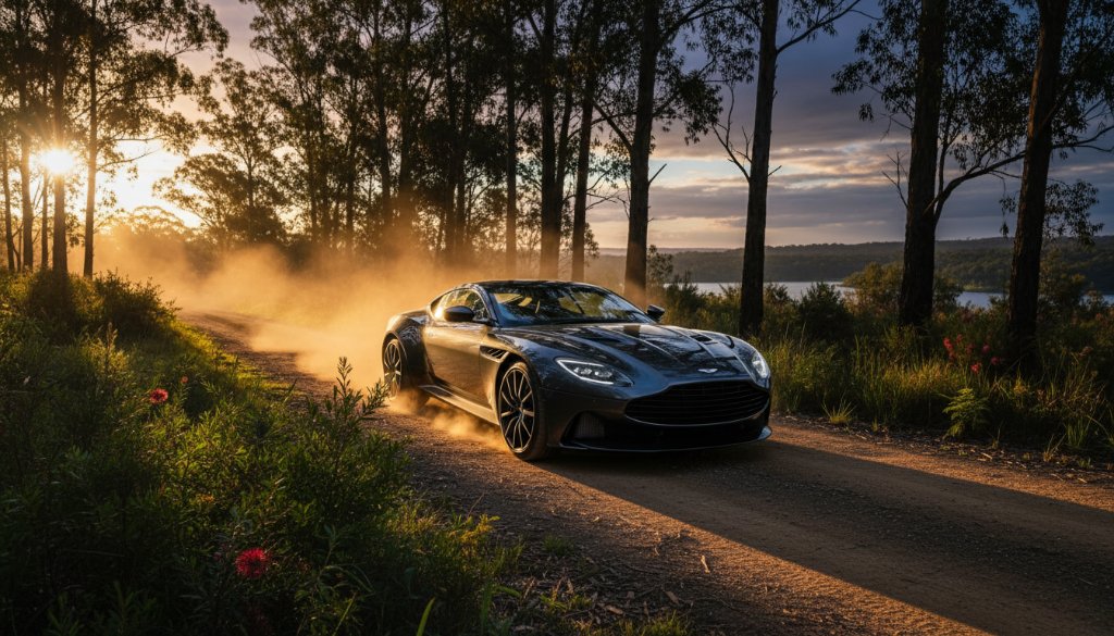 An epic moment captured: A sleek, dark luxury sports car parked dramatically on a winding dirt road within the Lysterfield bushland, bathed in golden hour light, showcasing professional Lysterfield bushland luxury car photography.