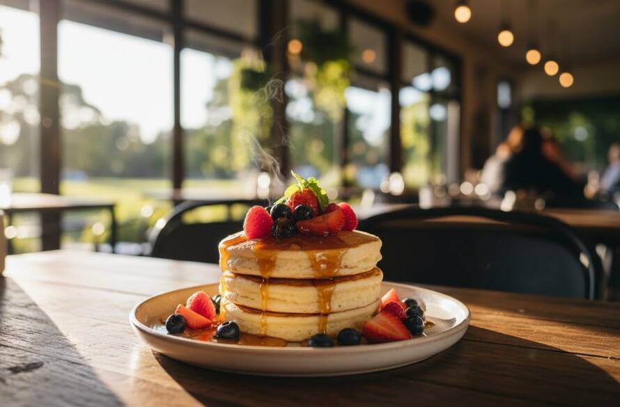 An epic moment of Lysterfield café food photography artistry, capturing a perfectly plated gourmet brunch dish illuminated by a dramatic ray of morning sunlight, showcasing vibrant colours and enticing textures in a rustic Lysterfield café.