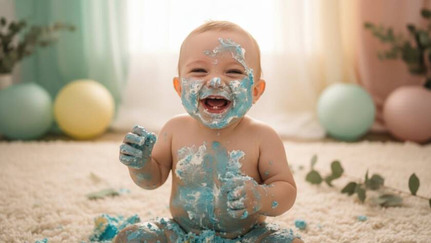 An adorable baby covered in cake, laughing joyfully amidst a whimsical, colourful set, expertly captured by a Lysterfield Cake Smash Photography Joyful First Birthday session, with dramatic lighting highlighting the messy, happy moment.