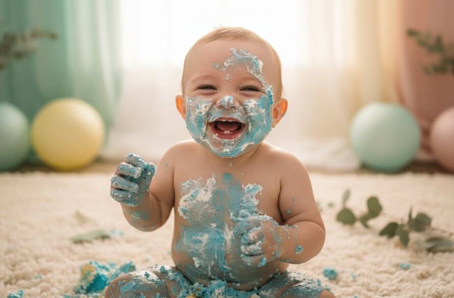 An adorable baby covered in cake, laughing joyfully amidst a whimsical, colourful set, expertly captured by a Lysterfield Cake Smash Photography Joyful First Birthday session, with dramatic lighting highlighting the messy, happy moment.