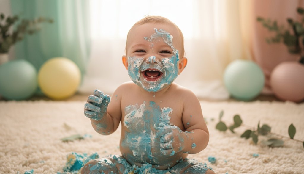 An adorable baby covered in cake, laughing joyfully amidst a whimsical, colourful set, expertly captured by a Lysterfield Cake Smash Photography Joyful First Birthday session, with dramatic lighting highlighting the messy, happy moment.