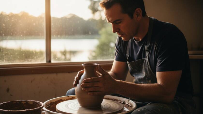 An epic moment captured in Lysterfield commercial photography showcasing local businesses, featuring a skilled artisan meticulously crafting a custom wooden piece in their sun-drenched workshop, with Lysterfield Lake in the background at sunset, professional color grading.
