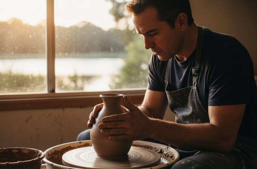 An epic moment captured in Lysterfield commercial photography showcasing local businesses, featuring a skilled artisan meticulously crafting a custom wooden piece in their sun-drenched workshop, with Lysterfield Lake in the background at sunset, professional color grading.
