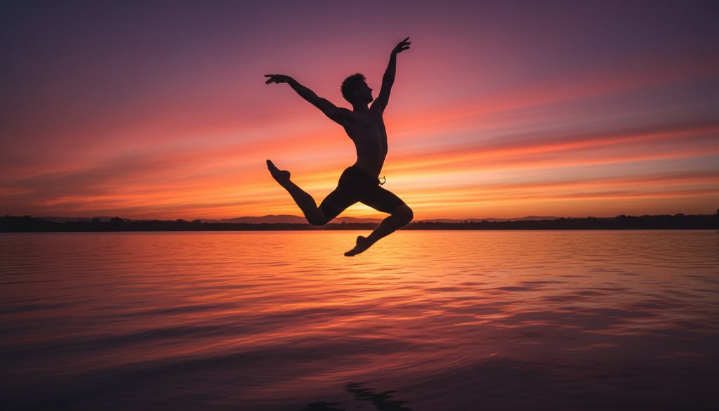 A powerful, wide-angle shot of a contemporary dancer mid-leap against a dramatic sunset backdrop over Lysterfield Lake, capturing the essence of Lysterfield dance photography for vibrant performances with cinematic lighting and a sense of artistic freedom.