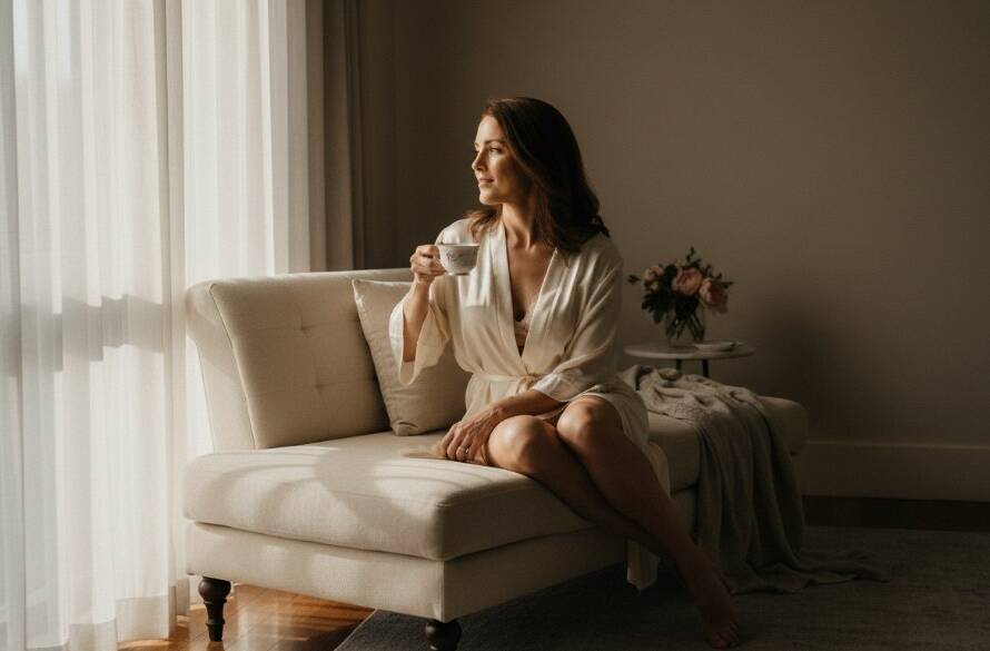 A dramatic and artfully lit portrait showcasing a woman in a serene, confident pose, embodying the essence of Lysterfield Empowering Boudoir Photography, with soft, diffused light highlighting her silhouette against a subtle, elegant backdrop, professionally colour graded for a luxurious feel.