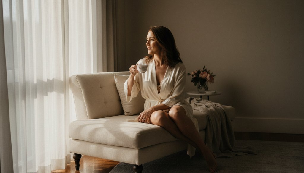 A dramatic and artfully lit portrait showcasing a woman in a serene, confident pose, embodying the essence of Lysterfield Empowering Boudoir Photography, with soft, diffused light highlighting her silhouette against a subtle, elegant backdrop, professionally colour graded for a luxurious feel.