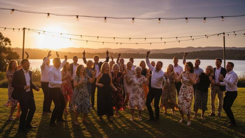 An epic moment of pure joy and celebration captured by Lysterfield event photography capturing authentic joy, featuring guests laughing and dancing under string lights at an outdoor Lysterfield venue, with warm, golden hour lighting.