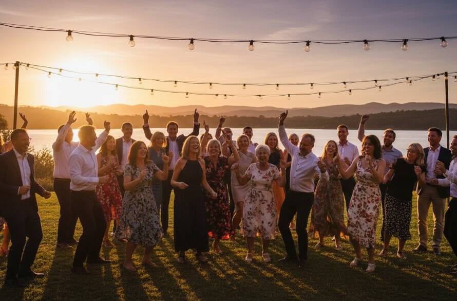 An epic moment of pure joy and celebration captured by Lysterfield event photography capturing authentic joy, featuring guests laughing and dancing under string lights at an outdoor Lysterfield venue, with warm, golden hour lighting.