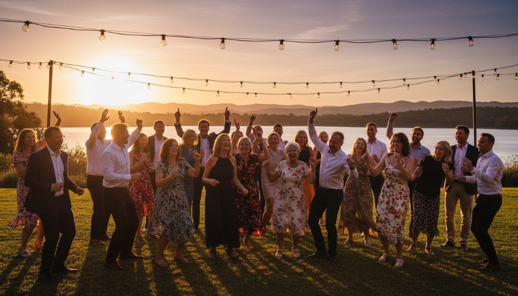 An epic moment of pure joy and celebration captured by Lysterfield event photography capturing authentic joy, featuring guests laughing and dancing under string lights at an outdoor Lysterfield venue, with warm, golden hour lighting.