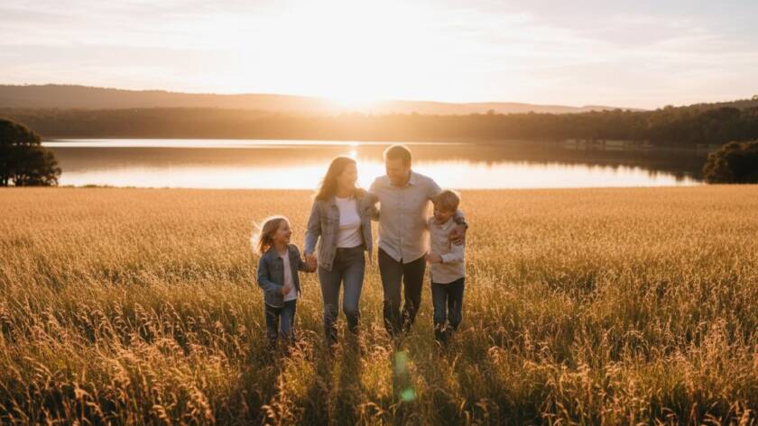 A family of four, parents and two young children, laughing and embracing at sunset with Lysterfield Lake and rolling hills in the background, showcasing Lysterfield family photography capturing genuine joy.
