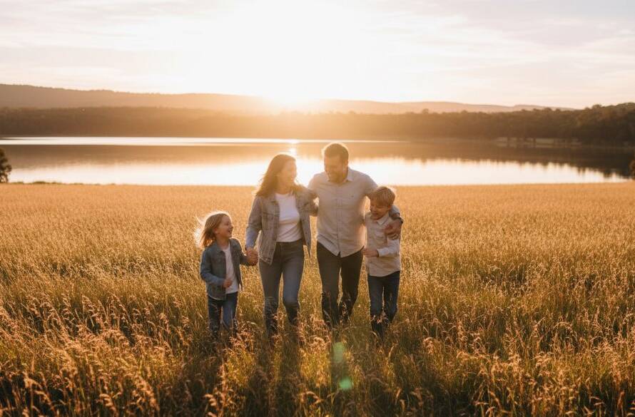 A family of four, parents and two young children, laughing and embracing at sunset with Lysterfield Lake and rolling hills in the background, showcasing Lysterfield family photography capturing genuine joy.