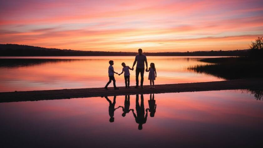 A Lysterfield family photography capturing genuine moments, showing parents laughing with their children during golden hour at Lysterfield Lake Park, with the sun setting dramatically behind them, creating a warm, cinematic glow.