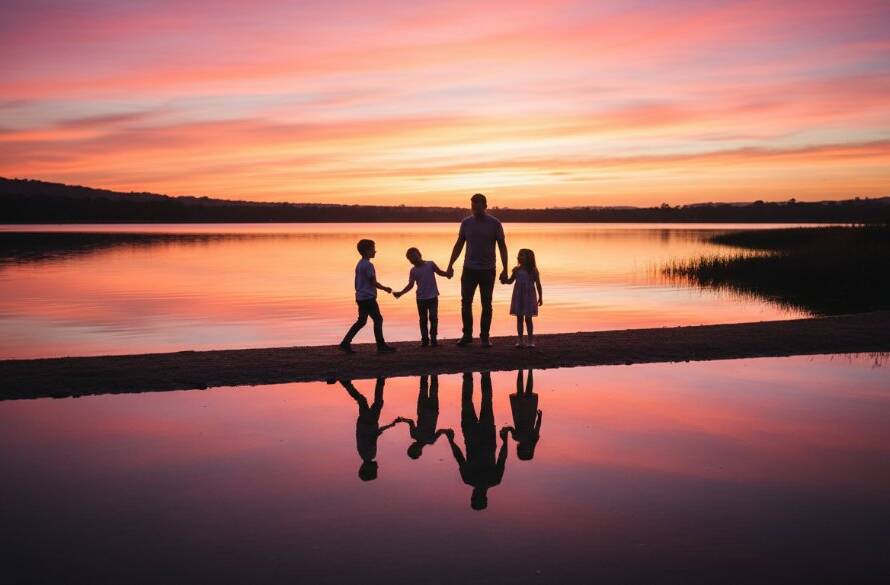 A Lysterfield family photography capturing genuine moments, showing parents laughing with their children during golden hour at Lysterfield Lake Park, with the sun setting dramatically behind them, creating a warm, cinematic glow.