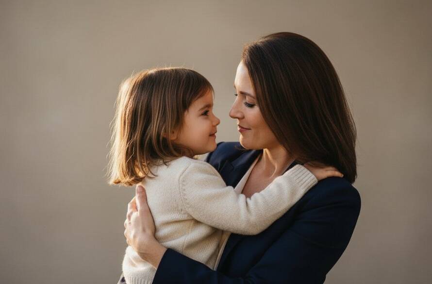 An intimate and emotionally resonant Lysterfield family studio photography timeless portraits session, capturing a parent embracing their child in soft, dramatic light, creating an epic moment of connection and love.