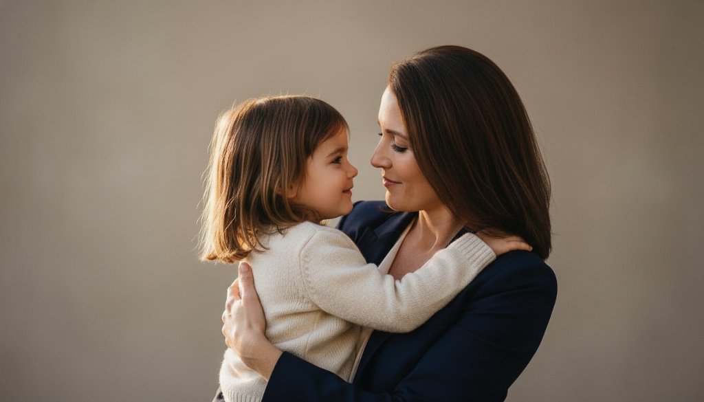 An intimate and emotionally resonant Lysterfield family studio photography timeless portraits session, capturing a parent embracing their child in soft, dramatic light, creating an epic moment of connection and love.