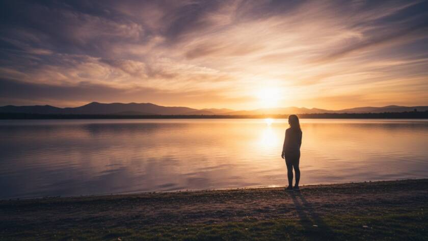 A breathtaking Lysterfield fine art photography dramatic light portraits scene, featuring a lone figure silhouetted against a golden hour sky reflecting off Lysterfield Lake, with dramatic rays of light piercing through clouds, evoking deep emotion.