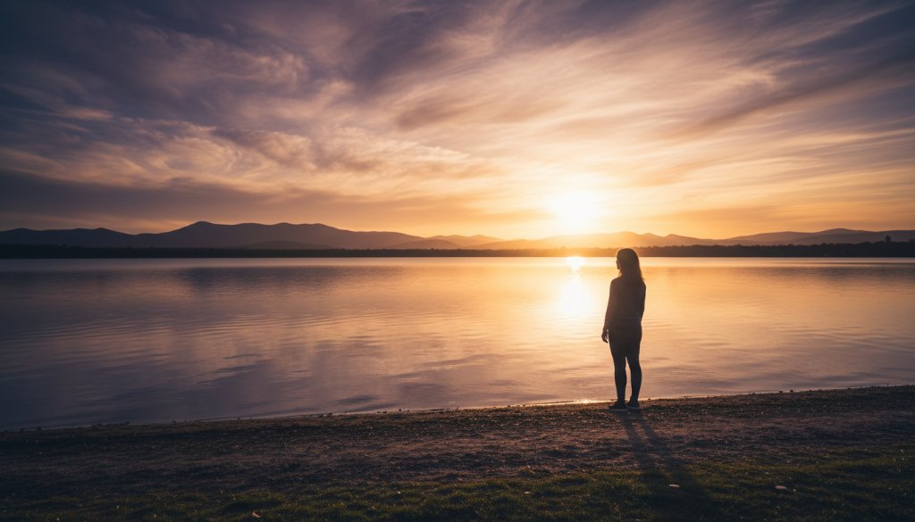 A breathtaking Lysterfield fine art photography dramatic light portraits scene, featuring a lone figure silhouetted against a golden hour sky reflecting off Lysterfield Lake, with dramatic rays of light piercing through clouds, evoking deep emotion.