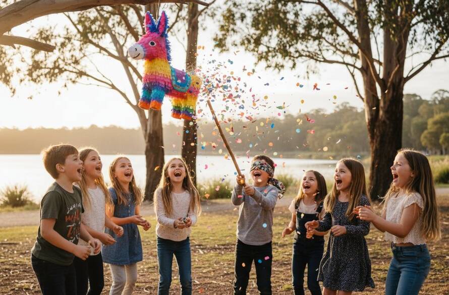 A vibrant and joy-filled 'epic moment' photograph by Lysterfield kids birthday party photography specialists, capturing a group of children laughing and throwing confetti outdoors in Lysterfield, Victoria, with dramatic golden hour lighting.
