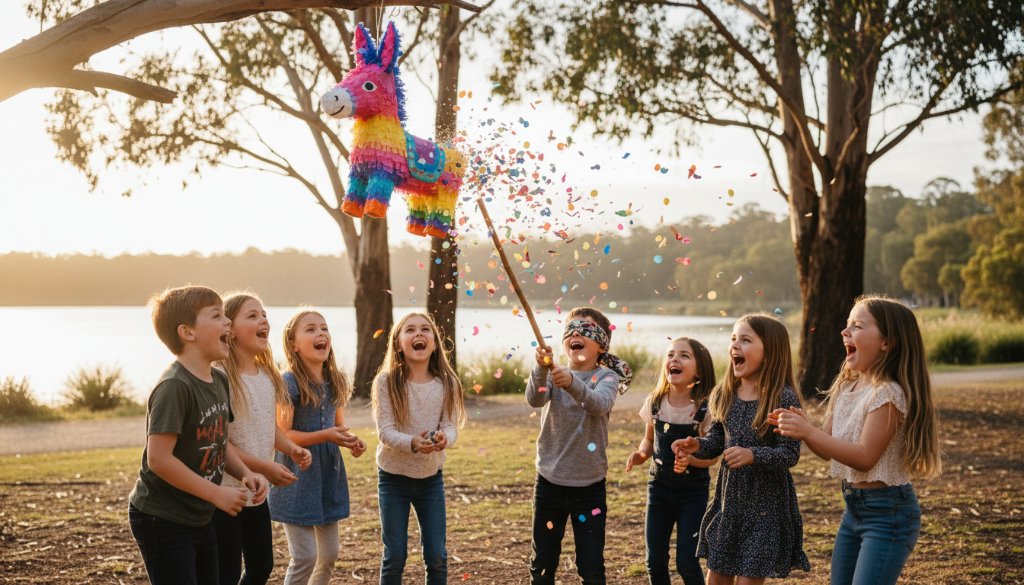 A vibrant and joy-filled 'epic moment' photograph by Lysterfield kids birthday party photography specialists, capturing a group of children laughing and throwing confetti outdoors in Lysterfield, Victoria, with dramatic golden hour lighting.