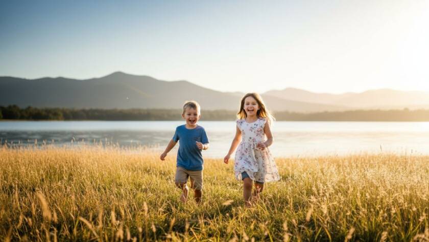 An epic moment of pure joy captured during a Lysterfield kids outdoor photography Victoria session, showing two children laughing as they run through golden afternoon light near Lysterfield Lake, a professional and cinematic photograph.