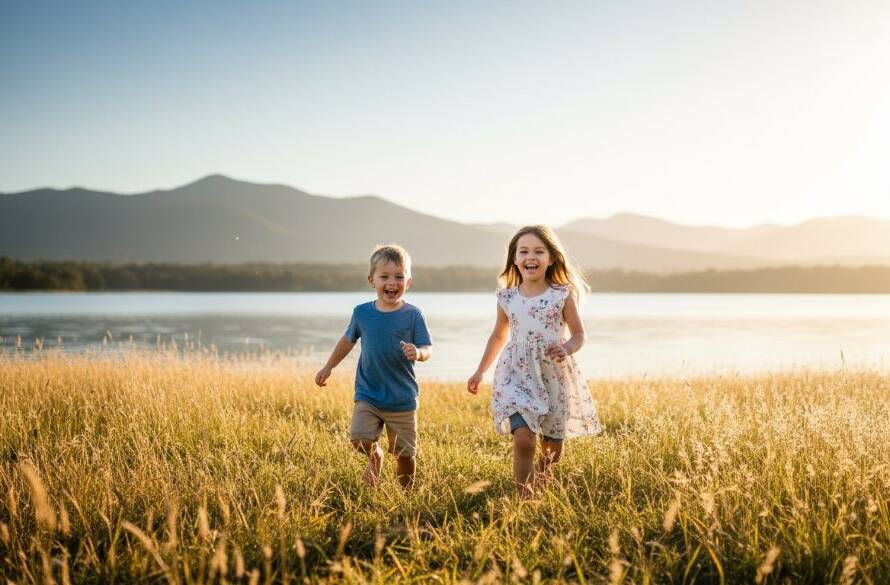 An epic moment of pure joy captured during a Lysterfield kids outdoor photography Victoria session, showing two children laughing as they run through golden afternoon light near Lysterfield Lake, a professional and cinematic photograph.