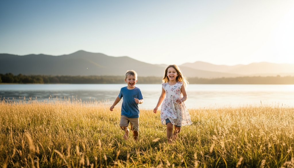 An epic moment of pure joy captured during a Lysterfield kids outdoor photography Victoria session, showing two children laughing as they run through golden afternoon light near Lysterfield Lake, a professional and cinematic photograph.