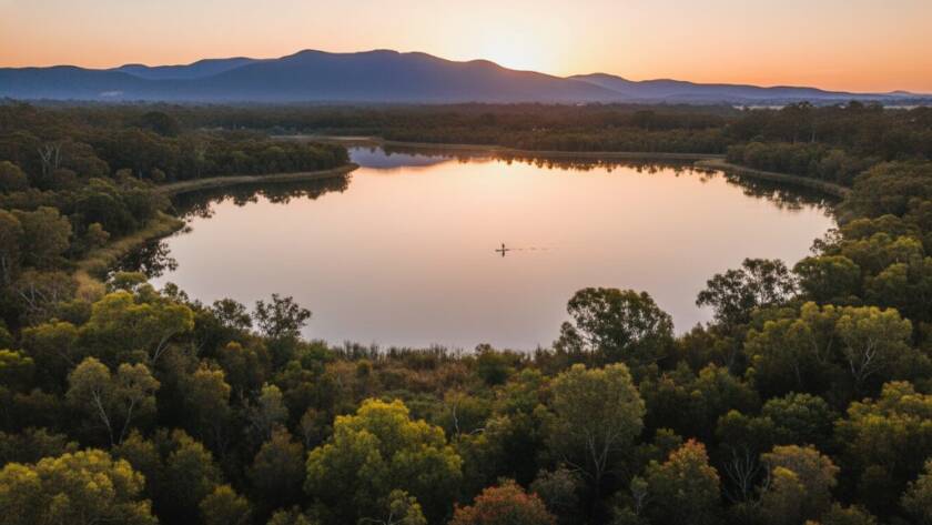 Breathtaking aerial drone shot capturing the serene Lysterfield Lake at sunrise, with a lone stand-up paddleboarder gliding across the calm water, showcasing Lysterfield Lake drone photography services.