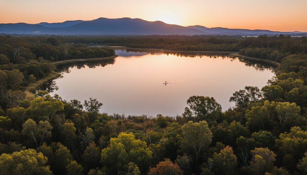Breathtaking aerial drone shot capturing the serene Lysterfield Lake at sunrise, with a lone stand-up paddleboarder gliding across the calm water, showcasing Lysterfield Lake drone photography services.