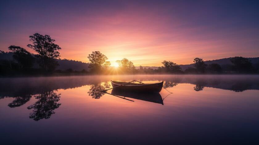An epic moment of Lysterfield Lake fine art landscape photography, featuring a dramatic sunrise over the tranquil water, with a lone rowboat silhouetted against the vibrant orange and purple sky, professionally color-graded with a cinematic feel.