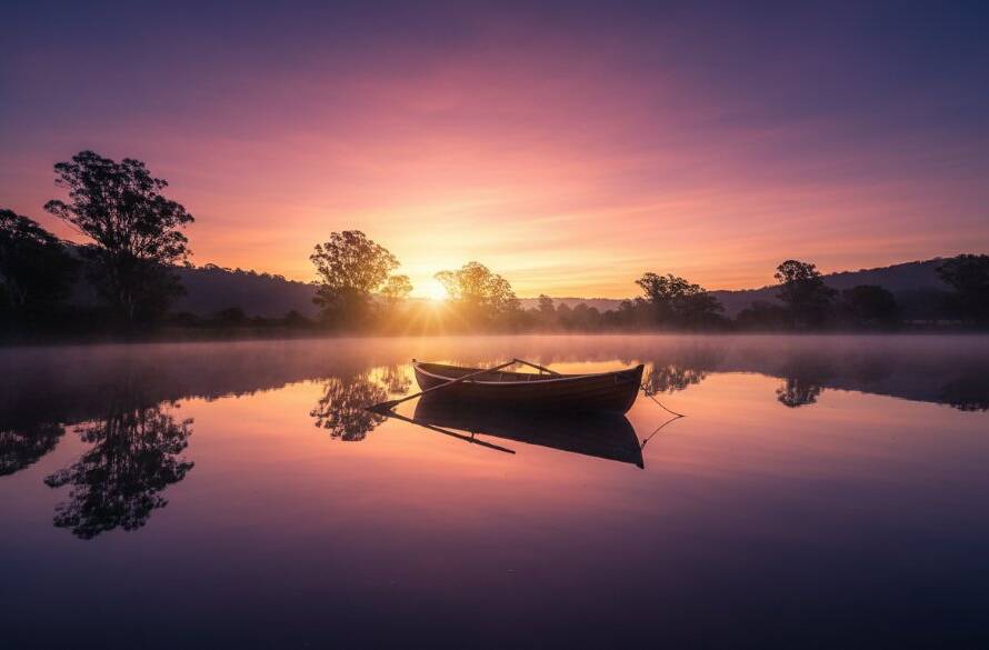An epic moment of Lysterfield Lake fine art landscape photography, featuring a dramatic sunrise over the tranquil water, with a lone rowboat silhouetted against the vibrant orange and purple sky, professionally color-graded with a cinematic feel.