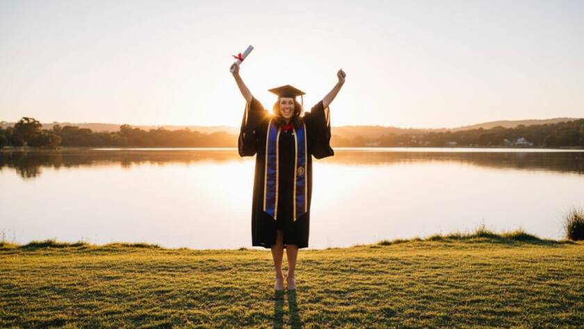 A jubilant graduate in their cap and gown, framed by the golden hour light reflecting on Lysterfield Lake, celebrating their Lysterfield Lake Graduation Photography Melbourne East milestone with an emotional, candid smile.