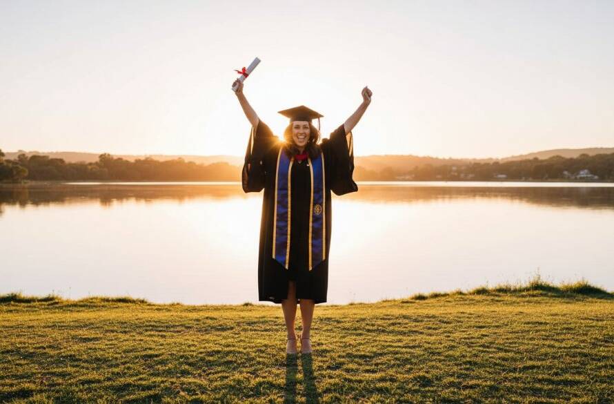 A jubilant graduate in their cap and gown, framed by the golden hour light reflecting on Lysterfield Lake, celebrating their Lysterfield Lake Graduation Photography Melbourne East milestone with an emotional, candid smile.