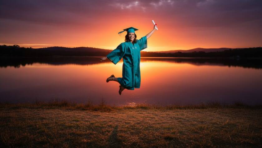 A jubilant graduate, adorned in cap and gown, joyfully tossing their mortarboard high against the stunning backdrop of Lysterfield Lake and rolling hills at sunset, capturing an epic Lysterfield Lake graduation photoshoot Melbourne moment with dramatic golden hour light and professional colour grading.