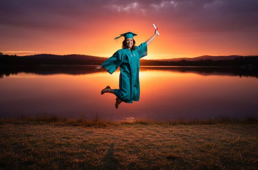 A jubilant graduate, adorned in cap and gown, joyfully tossing their mortarboard high against the stunning backdrop of Lysterfield Lake and rolling hills at sunset, capturing an epic Lysterfield Lake graduation photoshoot Melbourne moment with dramatic golden hour light and professional colour grading.