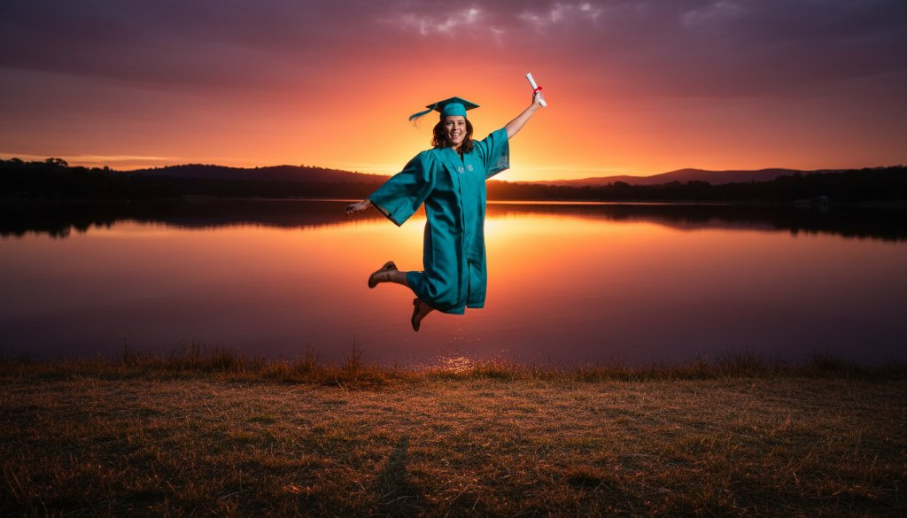 A jubilant graduate, adorned in cap and gown, joyfully tossing their mortarboard high against the stunning backdrop of Lysterfield Lake and rolling hills at sunset, capturing an epic Lysterfield Lake graduation photoshoot Melbourne moment with dramatic golden hour light and professional colour grading.