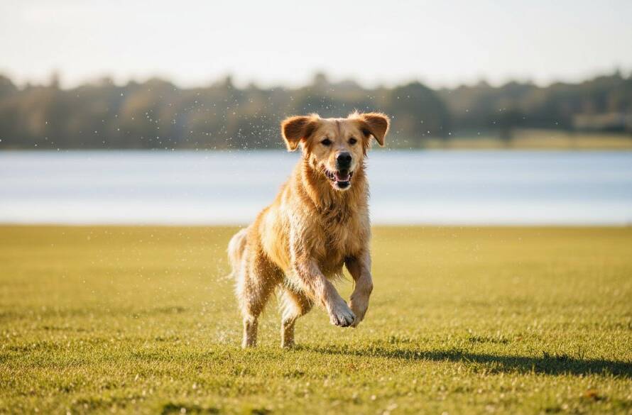 A golden retriever joyfully leaping through tall, sun-drenched grass near Lysterfield Lake, a perfect moment captured for Lysterfield Lake Trail pet photography, showcasing the dog's exuberant spirit against a blurred natural background.