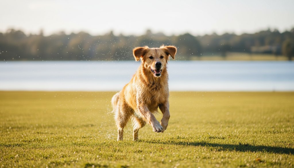 A golden retriever joyfully leaping through tall, sun-drenched grass near Lysterfield Lake, a perfect moment captured for Lysterfield Lake Trail pet photography, showcasing the dog's exuberant spirit against a blurred natural background.