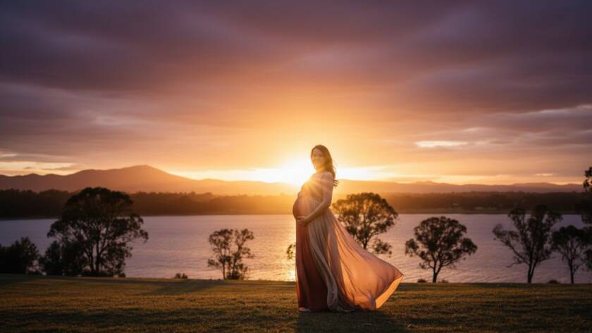 A breathtaking Lysterfield maternity photography artistic outdoor photoshoot moment featuring an expectant mother silhouetted against a golden sunset over Lysterfield Lake, her hand gently cradling her baby bump, with dramatic, warm light creating an ethereal glow.