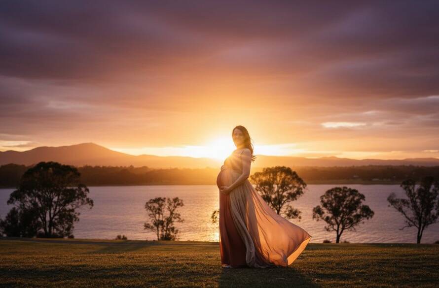 A breathtaking Lysterfield maternity photography artistic outdoor photoshoot moment featuring an expectant mother silhouetted against a golden sunset over Lysterfield Lake, her hand gently cradling her baby bump, with dramatic, warm light creating an ethereal glow.