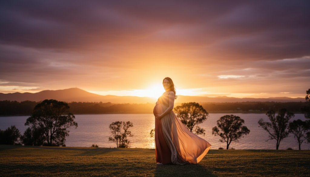 A breathtaking Lysterfield maternity photography artistic outdoor photoshoot moment featuring an expectant mother silhouetted against a golden sunset over Lysterfield Lake, her hand gently cradling her baby bump, with dramatic, warm light creating an ethereal glow.