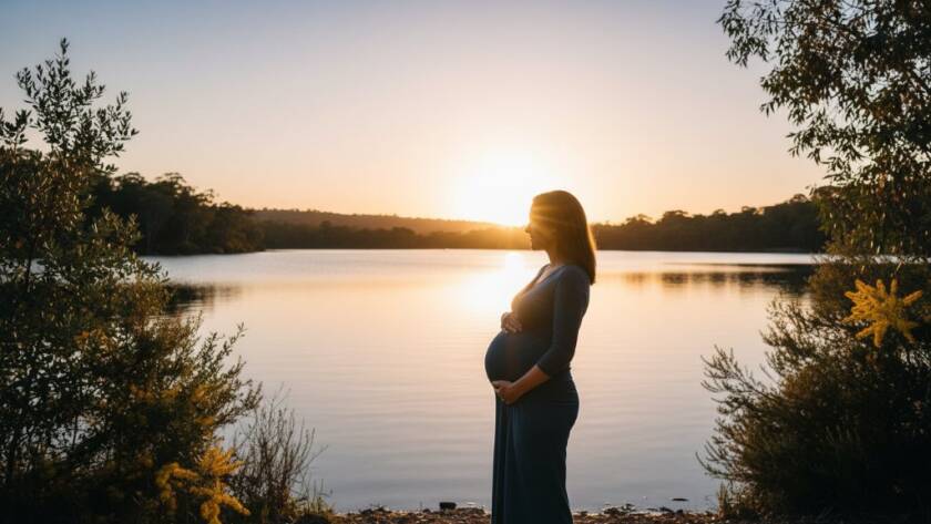 A radiant expectant mother, silhouetted by the Lysterfield maternity photoshoot golden hour glow, standing gracefully amidst the serene landscape, capturing an epic moment of natural beauty and anticipation.