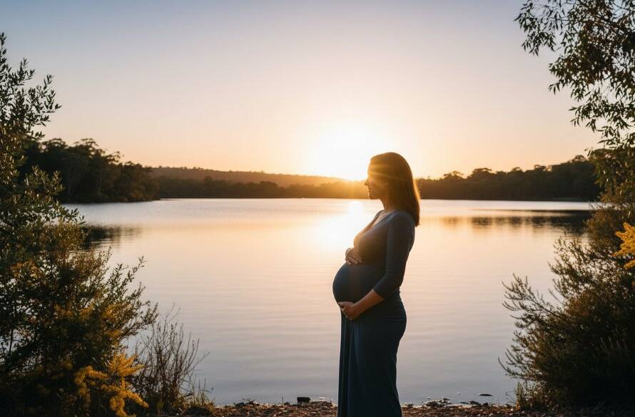 A radiant expectant mother, silhouetted by the Lysterfield maternity photoshoot golden hour glow, standing gracefully amidst the serene landscape, capturing an epic moment of natural beauty and anticipation.